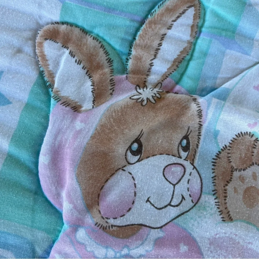VTG Pastel Beddy Teddy Bear Riegel Quilted Crib Comforter BABY Blocks 31x42 GUC
